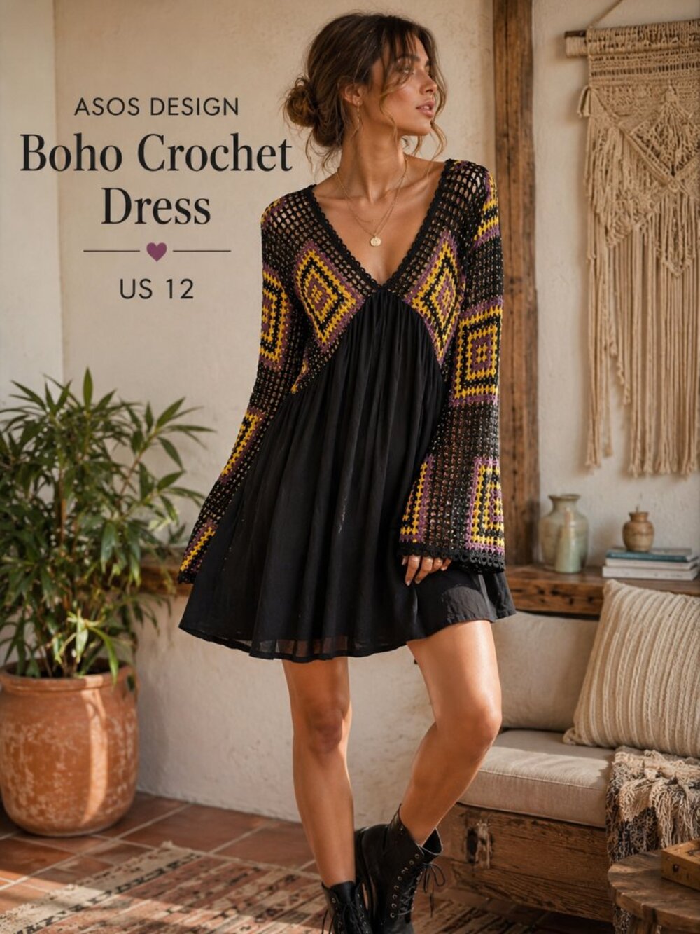 ASOS Design Crochet Sleeve Boho Babydoll Dress US 12 Black Purple Yellow